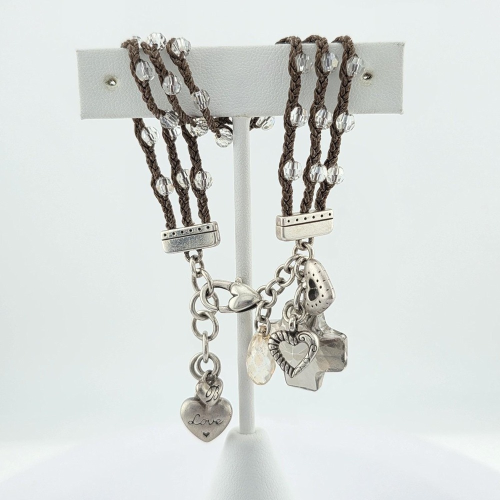 BRIGHTON 'Karma Cross' Bracelet Charm Smoky Crystal Brown Braided Cord 7.75"